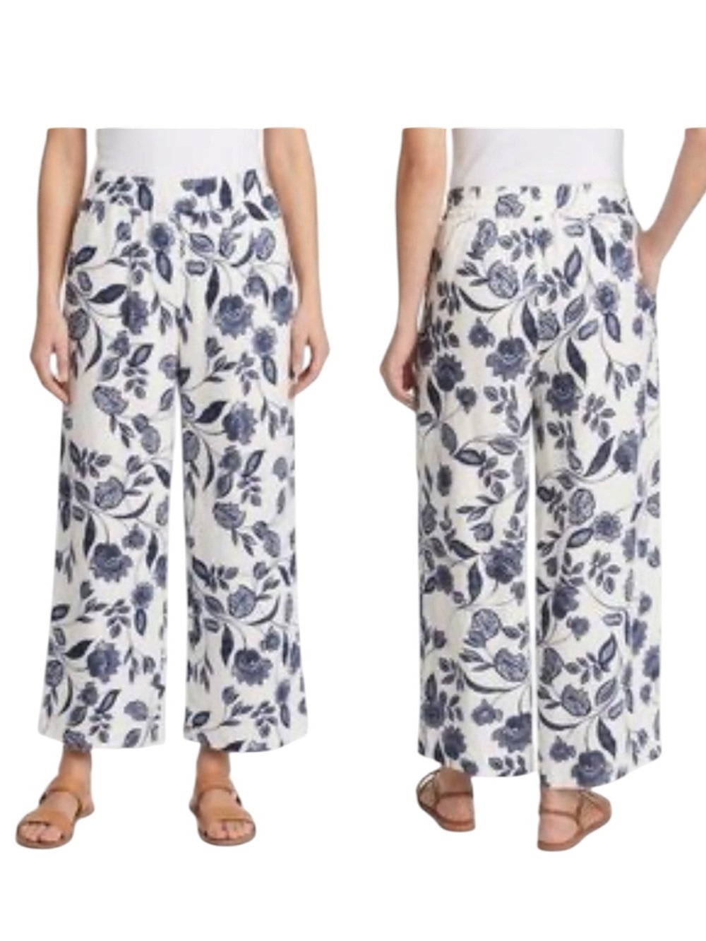 Ella Moss Linen Blend Wide Leg Crop Pants XL Navy Floral Cream Boho Coastal